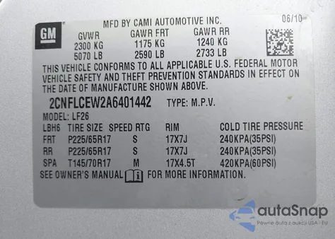 2010 Chevrolet Equinox Ls z USA, uszkodzony, nr VIN 2CNFLCEW2A6401442